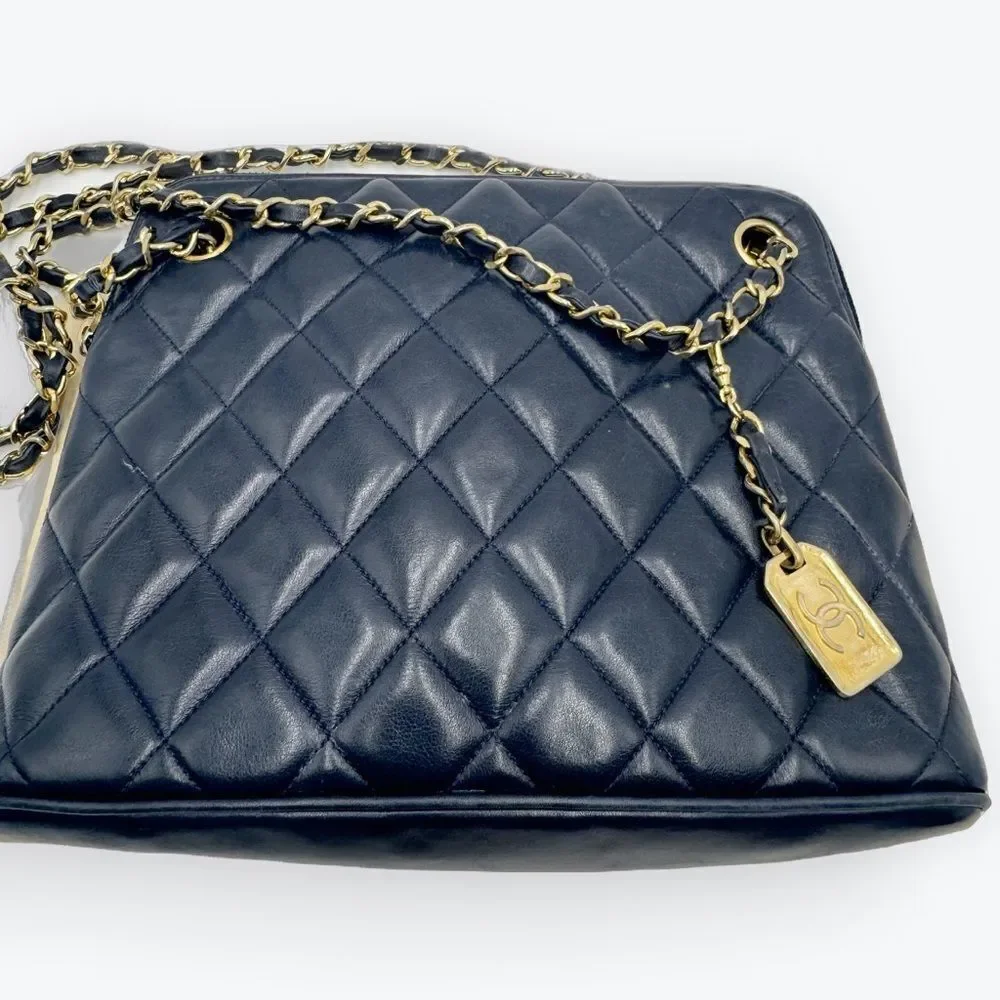 Auth Chanel Mademoiselle Navy Blue Polished Matelasse Quilted Shoulder Bag